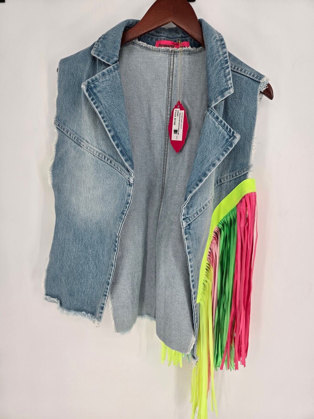 Dqmane Denim Vest Neon Fringe 80s Inspired Women's XS/S New NWT